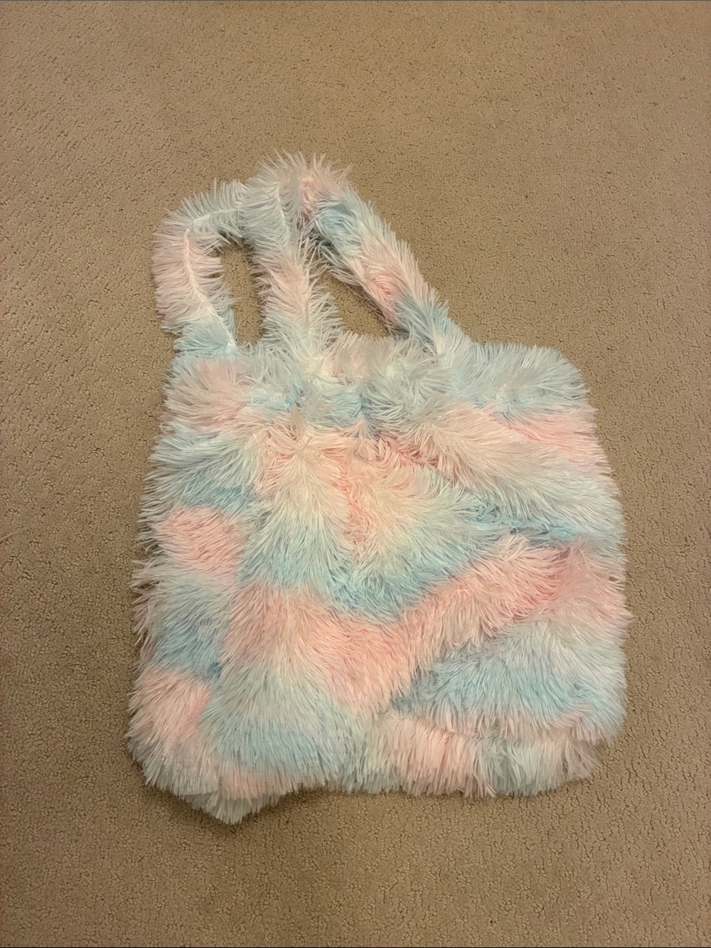 Cynthia Rowley Faux Fur Tote Bag Pastel Rainbow Swirl Pink Blue Shaggy